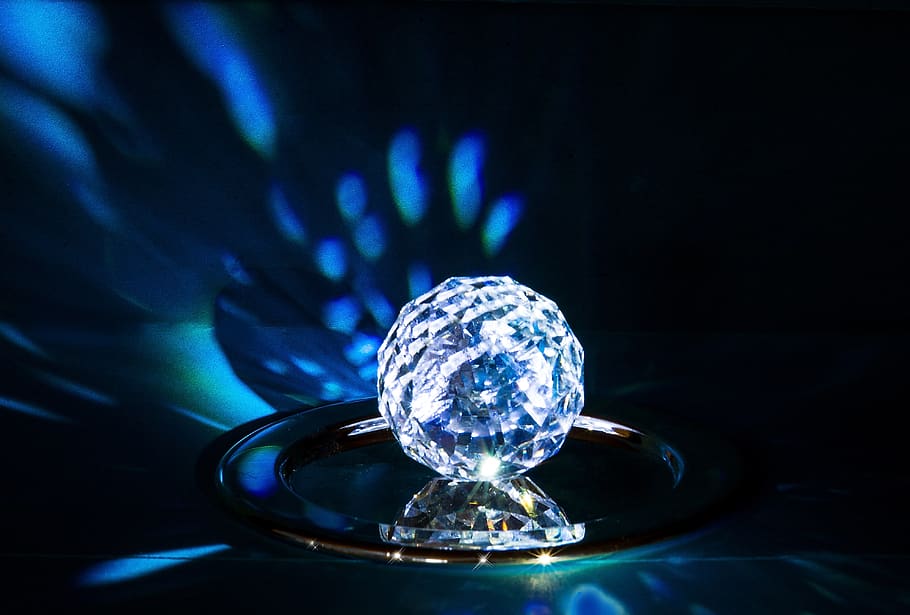polyhedron, prism, sphere, crystal, reflections, blue, light, close-up, indoors, shiny