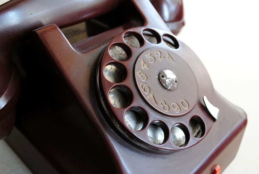 close-up photography, rotary, phone, rotary phone, ancient, old, ring, handset, red, telephone
