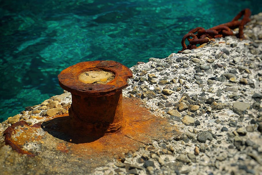 old, stainless, rusted, iron, metal, chain, pier, water, outdoors, day