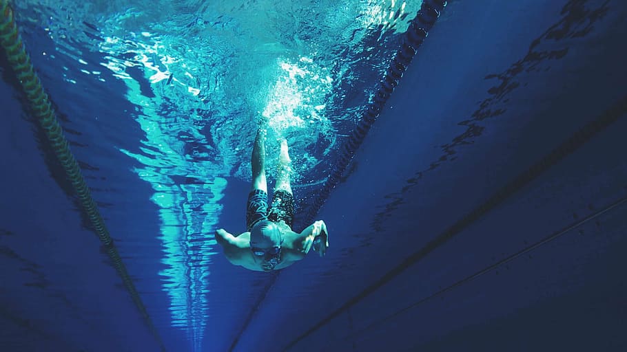 homem, nadar, corpo, agua, natação, óculos, mergulho, piscina, azul, embaixo da agua