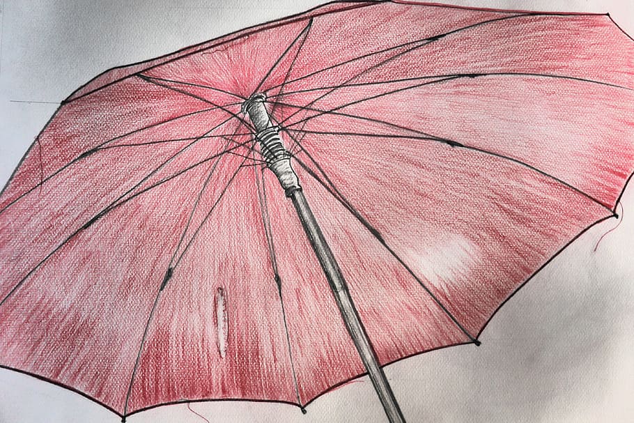 red, black, umbrella, drawing, screen, stretched, rain protection, painting, pink color, protection