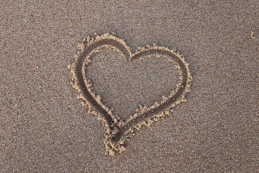 bentuk hati, pasir, siang hari, jantung, pantai, musim panas, laut, cinta, liburan, perjalanan