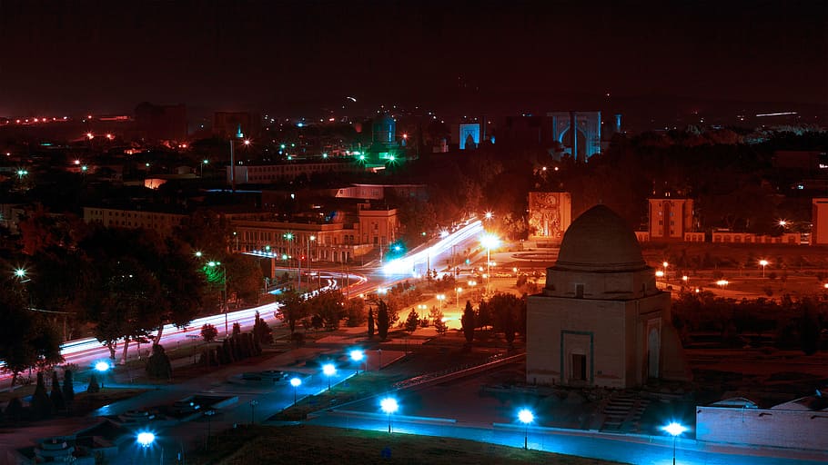 点灯, 通り, 建物, 夜間, 夜間照明, gur emir, 夜, 中央アジア, 都市, ライト