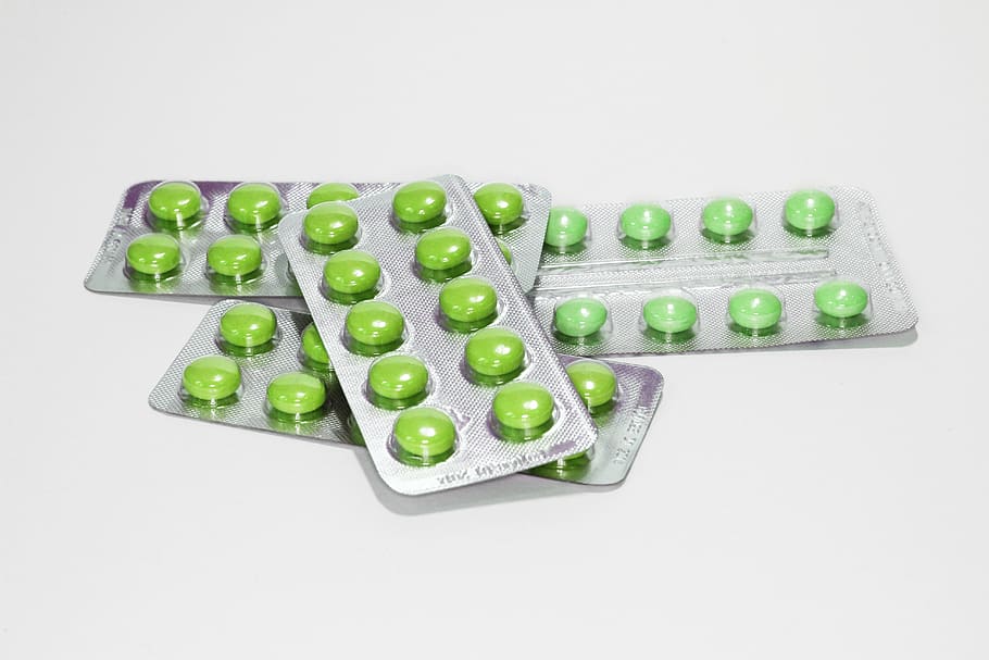 four, green, pill blisters, white, surface, blister, medicine, pills, doctor, blister pack