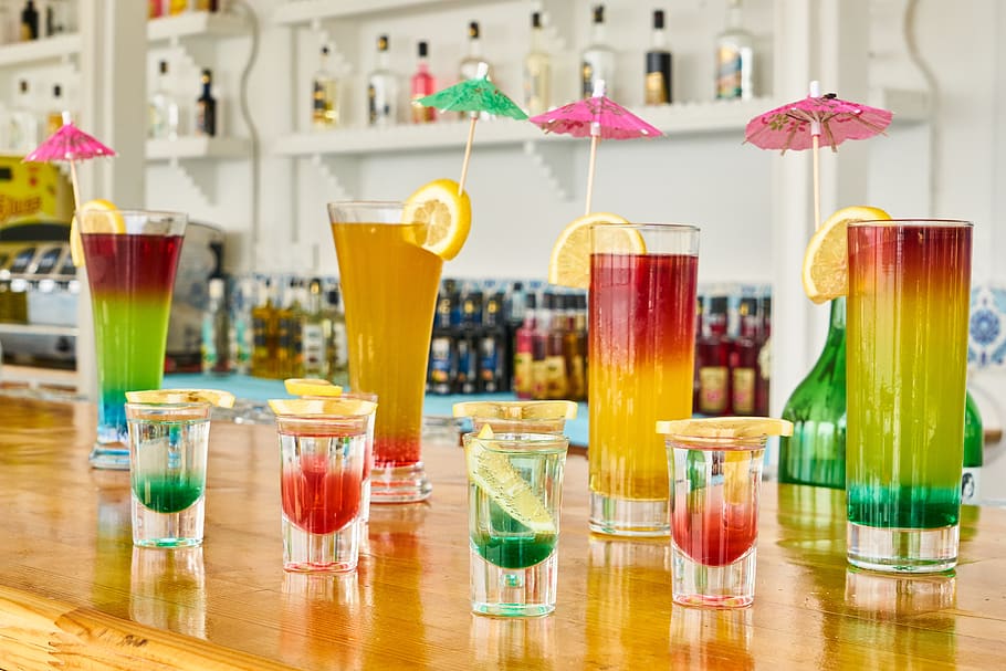 minuman, koktil, warna, bar, perayaan, lemon, hijau, segar, restoran, koktail