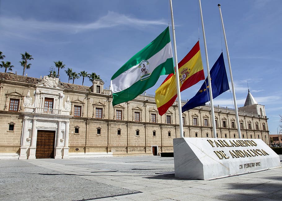 Andalusia, Parliament, Legislative, flag, built structure, architecture, building exterior, day, sky, patriotism