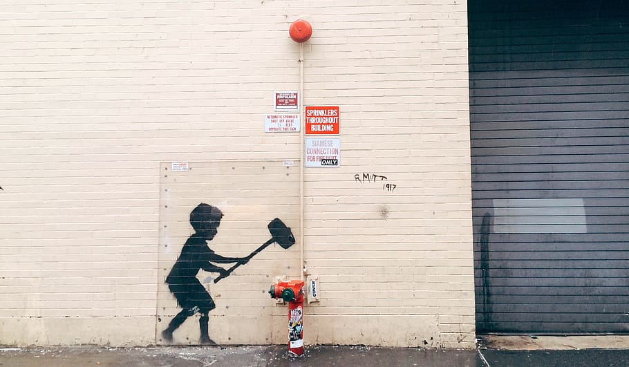 boy, holding, mallet signage, daytime, street art, urban, banksy, wall, urban Scene, people