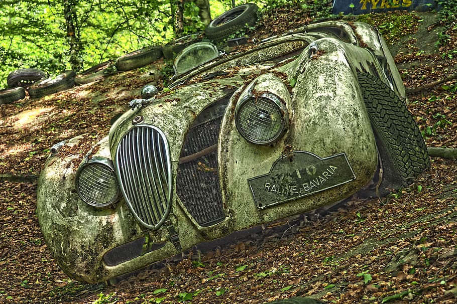 classic, gray, vehicle, green, leaf plant, auto, car cemetery, oldtimer, old, rust