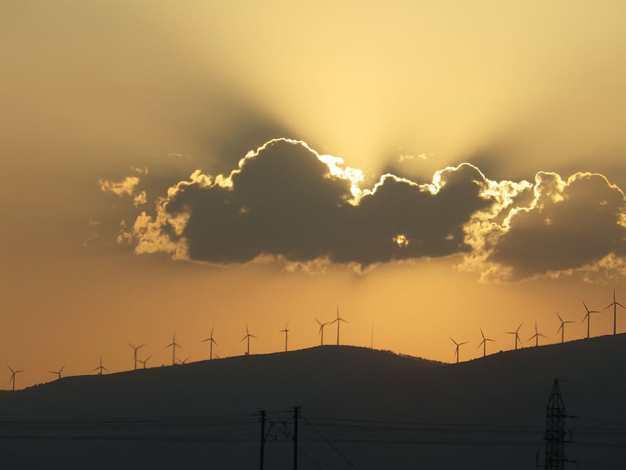 sun, sky, sunset, clouds, electricity, fuel and Power Generation, technology, turbine, generator, energy