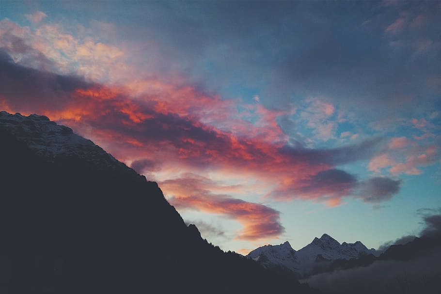 mountains, golden, hour, snow, capped, twilight, sunset, dusk, clouds, sky
