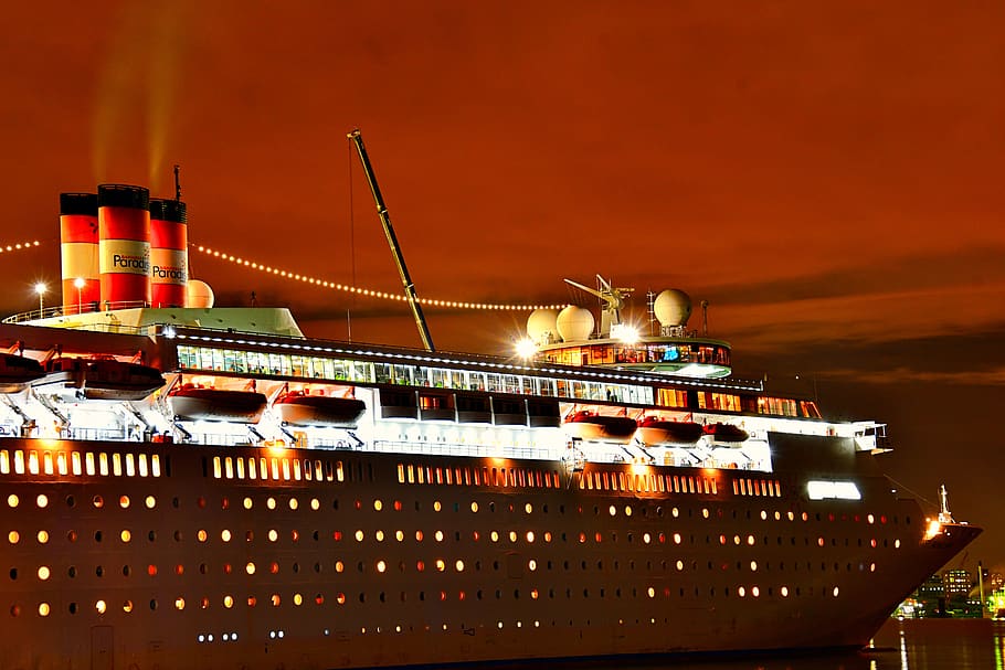 ship at port, cruise ship, maritime, transportation, night, sundown, sunset, seaport, vacation, sightseeing