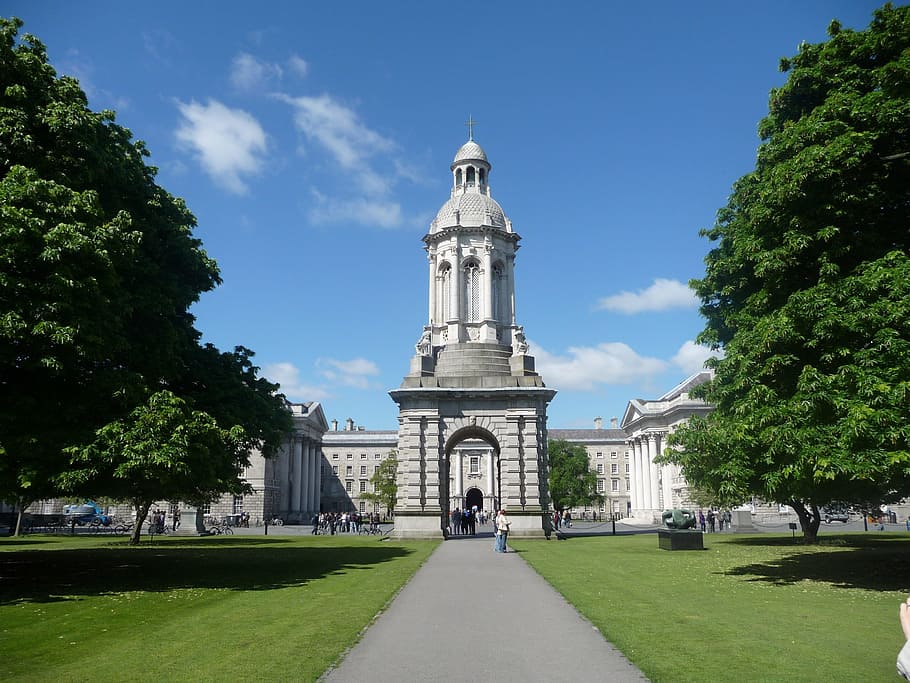man, walking, dome building, dublin, trinity, college, architecture, building, campus, city