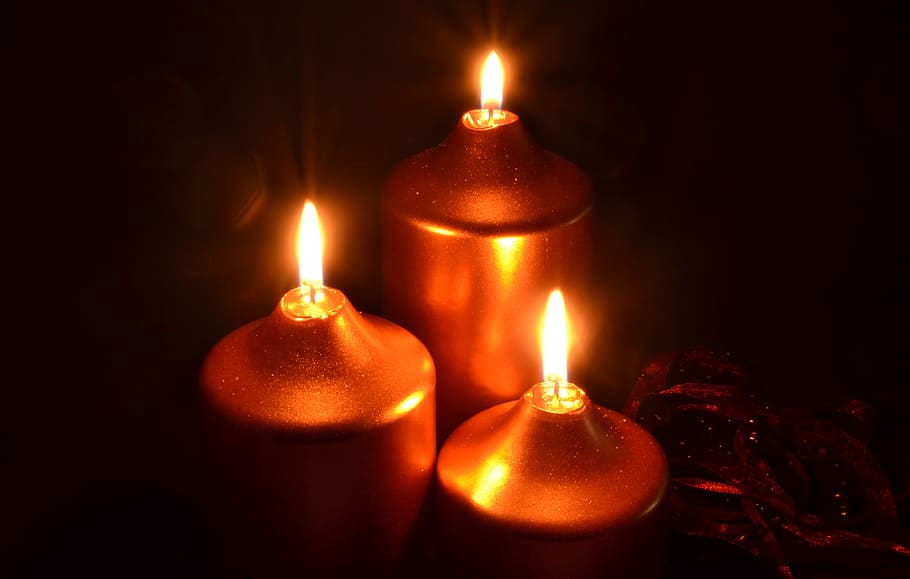 three, lighted, brown, lights, advent, golden candles, gold, candlelight, christmas, sparkle