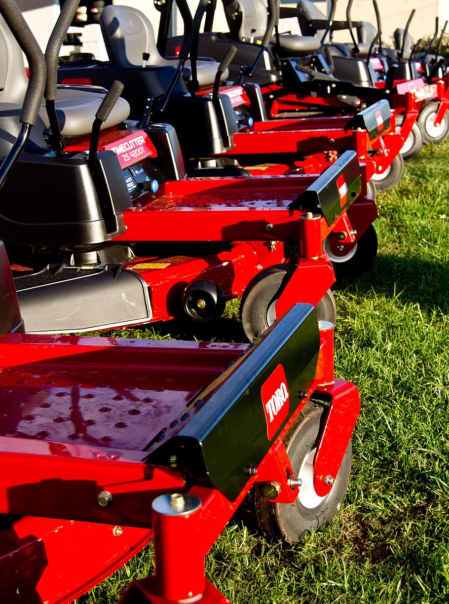 lawnmower, mowers, lawn, ride-on, new, red, gardening, grass, in a row, day
