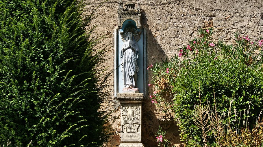 statue, mary, religion, prayer, rennes-le-chateau, plant, architecture, built structure, growth, nature