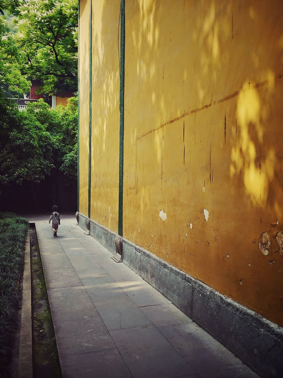 幼児, 歩く, ベージュ, ペンキの壁, 少年, 横にある, 茶色, 塗られた, 建物, 昼間