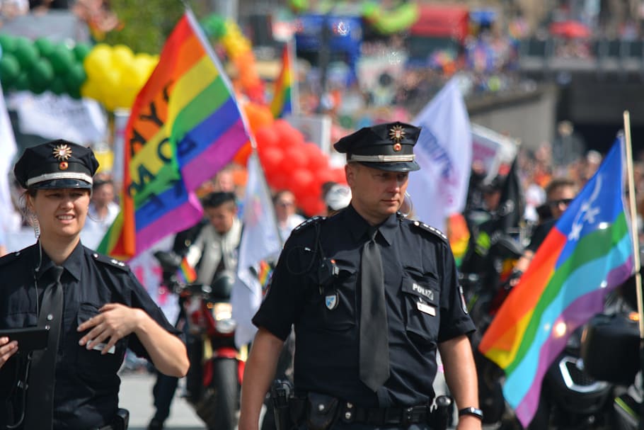 human, man, gay, christopher street day, hamburg, csd, parade, demonstration, police, group of people