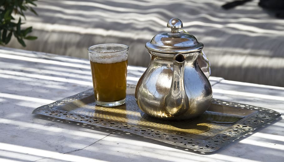 silver teapot, glass cup, filled, silver tray, Mint Tea, Morocco, Teapot, food and drink, drinking glass, drink