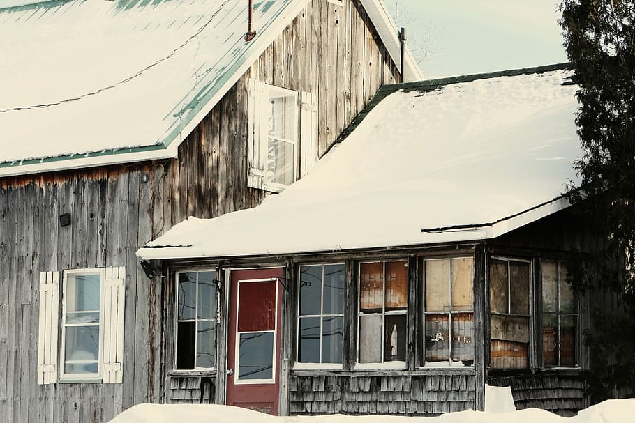 nieve, cubierto, casa, durante el día, marrón, de madera, recubierto, madera, invierno, exterior del edificio
