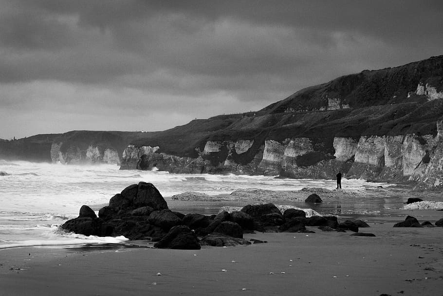 grayscale photo, sea shore, rocks, beach, north, coast, northern, ireland, ocean, landscape