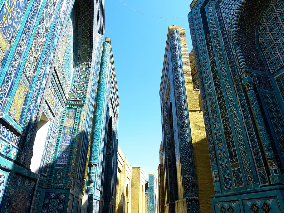푸른, 갈색, 콘크리트, 구조들, shohizinda, 묘지, 사마르 칸트, 우즈베키스탄, 웅장한 무덤, 건축 된 구조