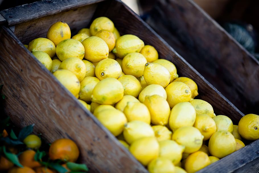 lemon, buah-buahan, keranjang, pasar, makanan, sehat, makan sehat, makanan dan minuman, buah, kesegaran