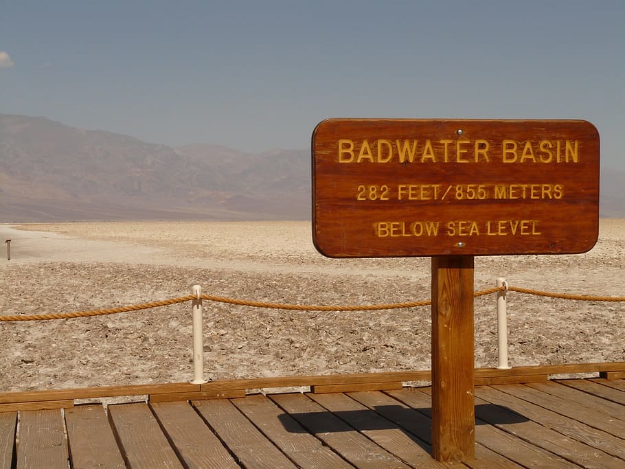 brown, wooden, signage, port, Badwater Basin, Salt Pan, badwater, salt lake, salt, death valley