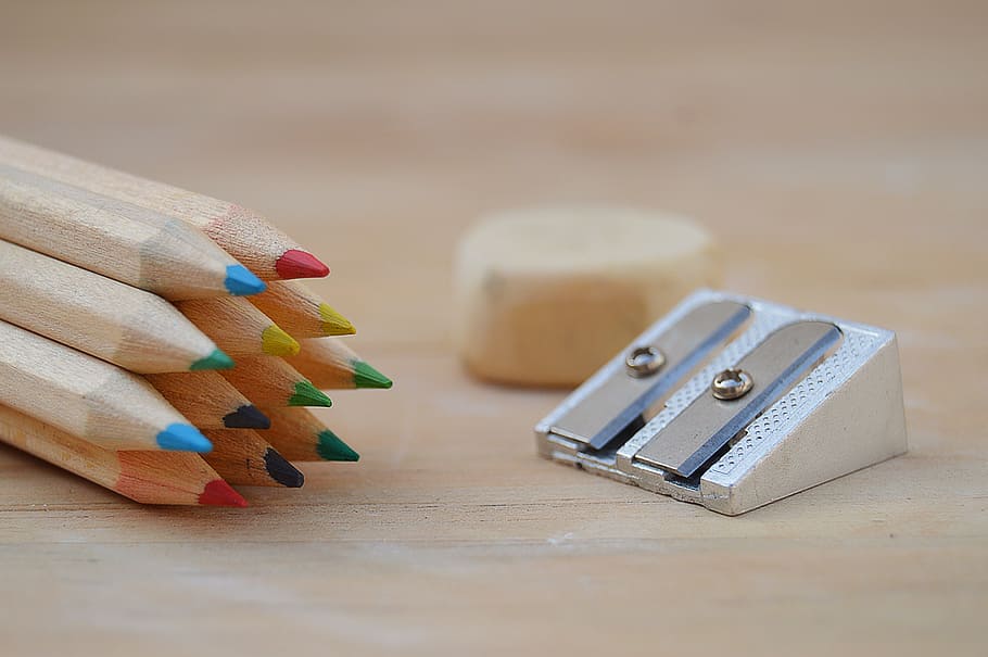 selective, focus photography, pencil sharpener, brown, surface, school, colored pencils, color, colors, drawing