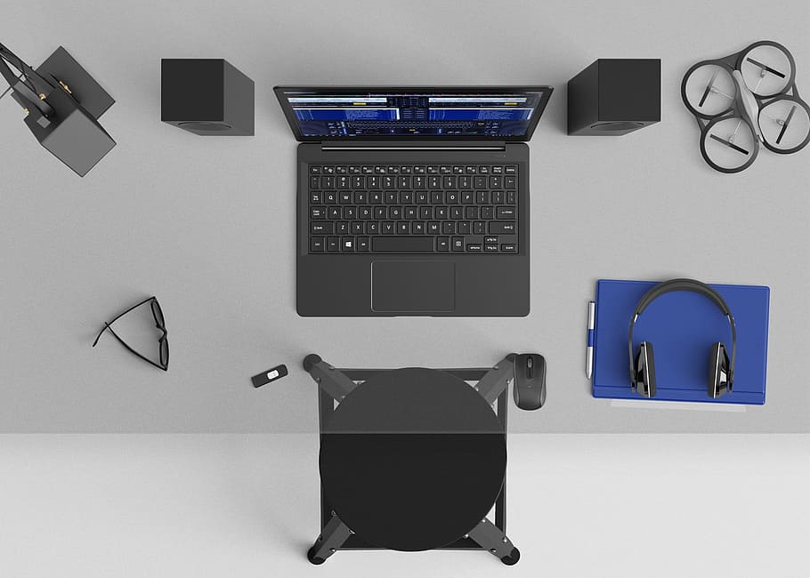 grey, laptop computer, two, black, quadcopter drone, headset, glasses, clear, glass table, Desktop