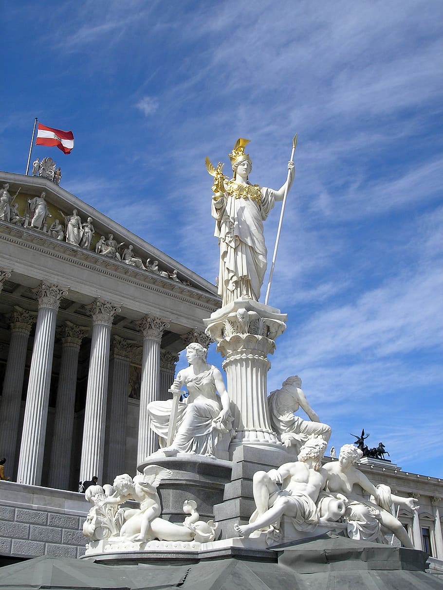 estatua del edificio del parlamento austríaco, viena, austria, edificio del parlamento austríaco, estatua, parlamento austríaco, edificio, fotos, dominio público, cielo