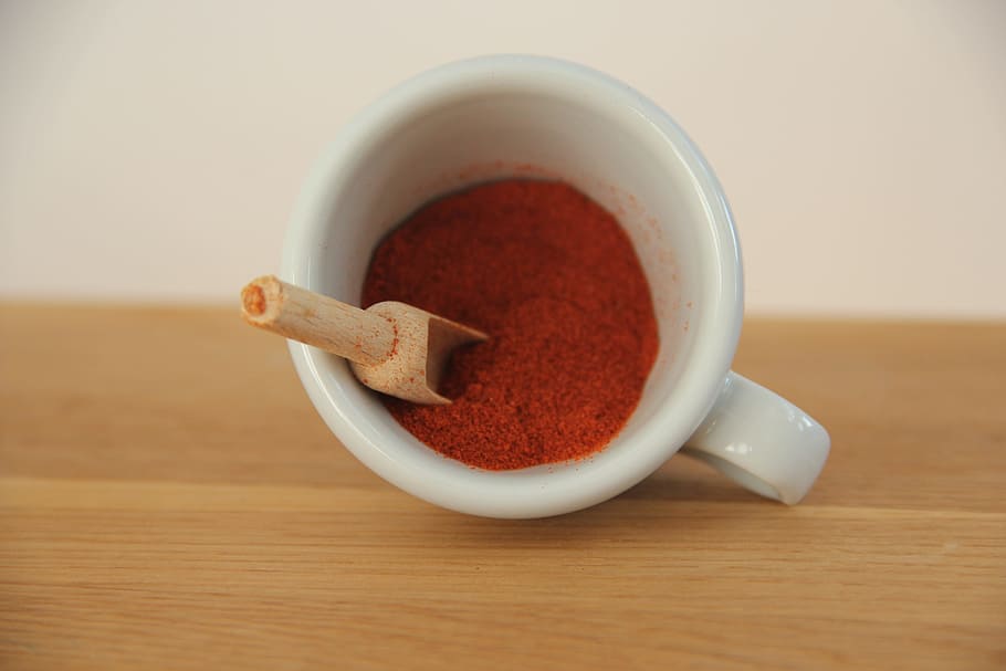 Powder, Red, Paprika, red, paprika, cup, drink, heat - Temperature, wood - Material, caffeine, no People