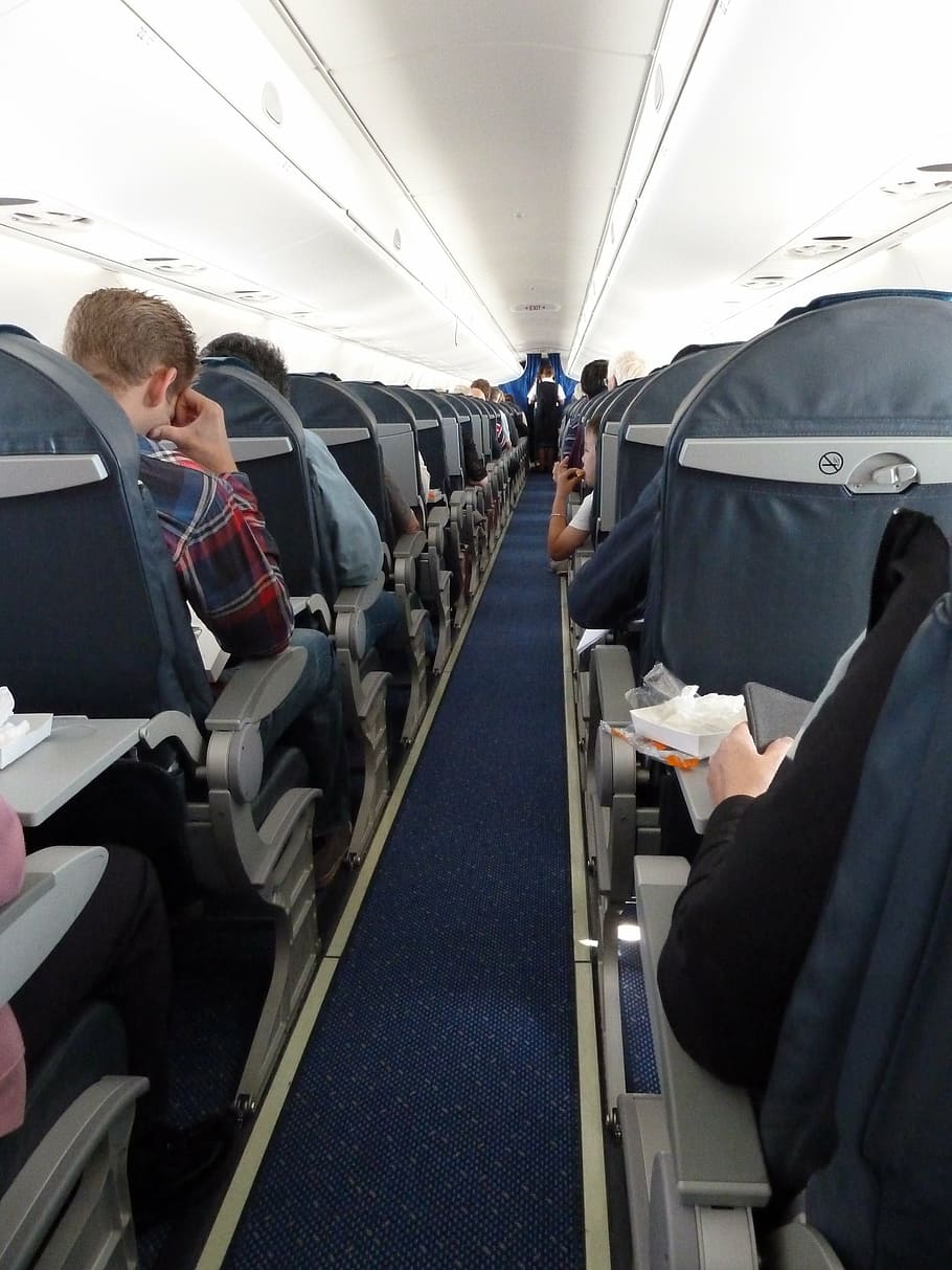 people inside airplane, aircraft, aircraft cabin, passengers, aircraft attendant, rows of seats, aircraft interior, travel, flight, air