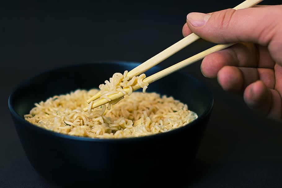 person, eating, noodles, using, chopsticks, holding, chopstick, noddles, bowl, soup