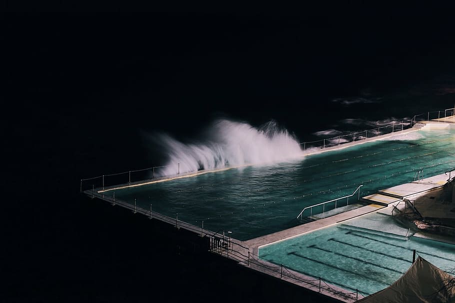 aerial, view photography, body, water, pool, wave, nighttime, swimming, waves, ocean