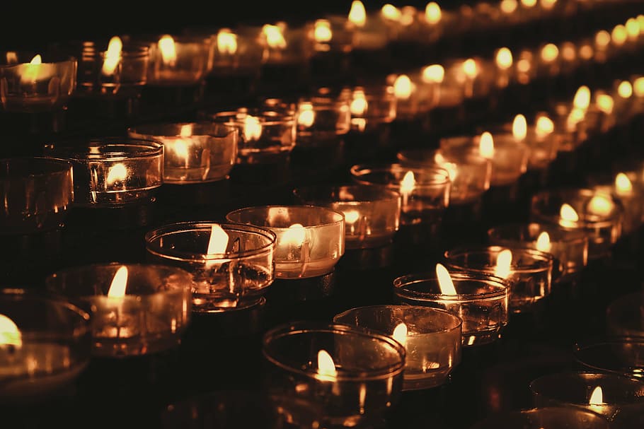 closeup, candle lights, lighted, candles, lot, nightime, dark, glass, candle, flame