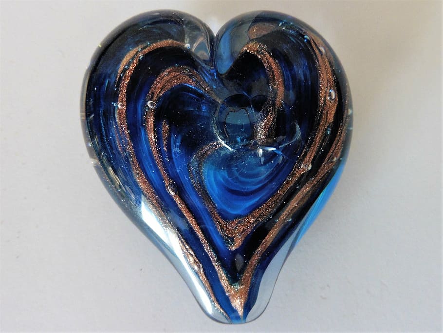 blue glass heart, glass, heart, romantic, glass sculpture, blue and gold, valentine, amour, romance, symbol