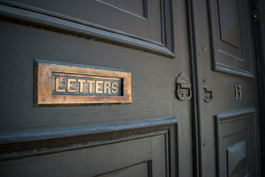 brown, wooden, door, letter hole, letters, city, wood, entrance, house, text