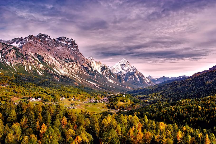 mountain horizon painting, passo giau, italy, mountains, fall, autumn, forest, trees, woods, beautiful