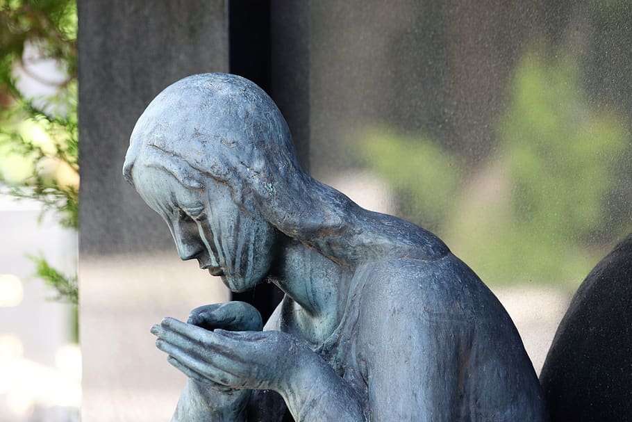 woman sculpture, sad, tears, mourning, gravestone, mirogoj cemetery, zagreb, outdoor, sculpture, statue