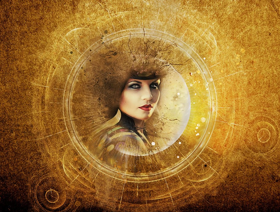mujer, ilustración de la cara, marrón, fondo, gótico, fantasía, oscuro, steampunk, retrato, retrato de fantasía