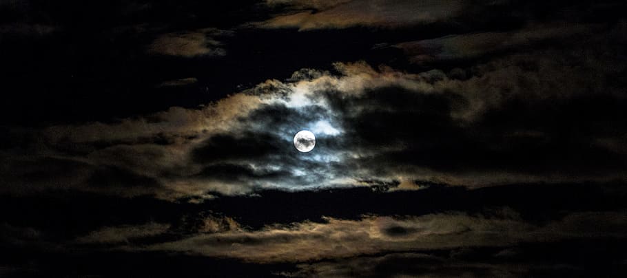 보름달, 덮여, 구름, 달, 저녁에, 밤, 자연, 어둠, 하늘, 구름-하늘