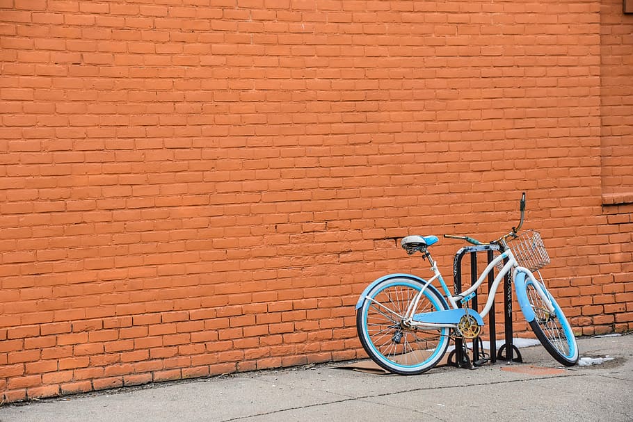 blue, commuter bike, parked, wall, bike, bicycle, basket, bricks, street, transportation
