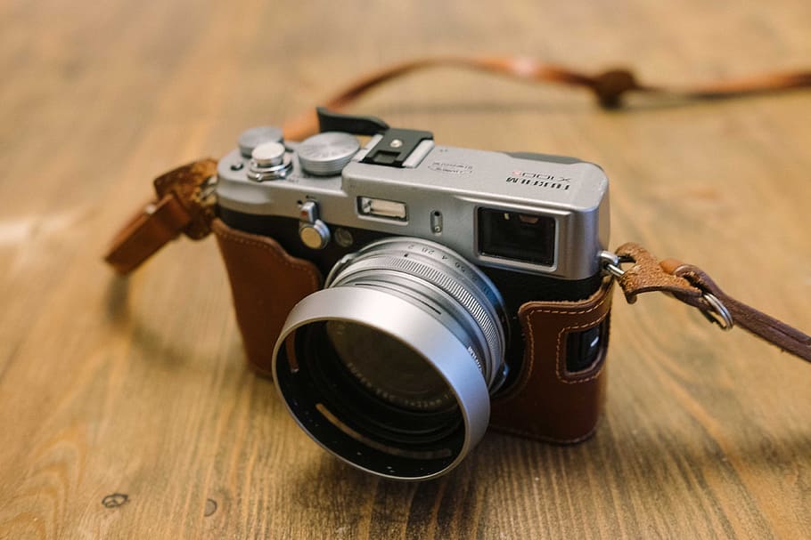 gray, point-and-shoot camera, brown, wooden, surface, fujifilm, camera, lens, slr, photography