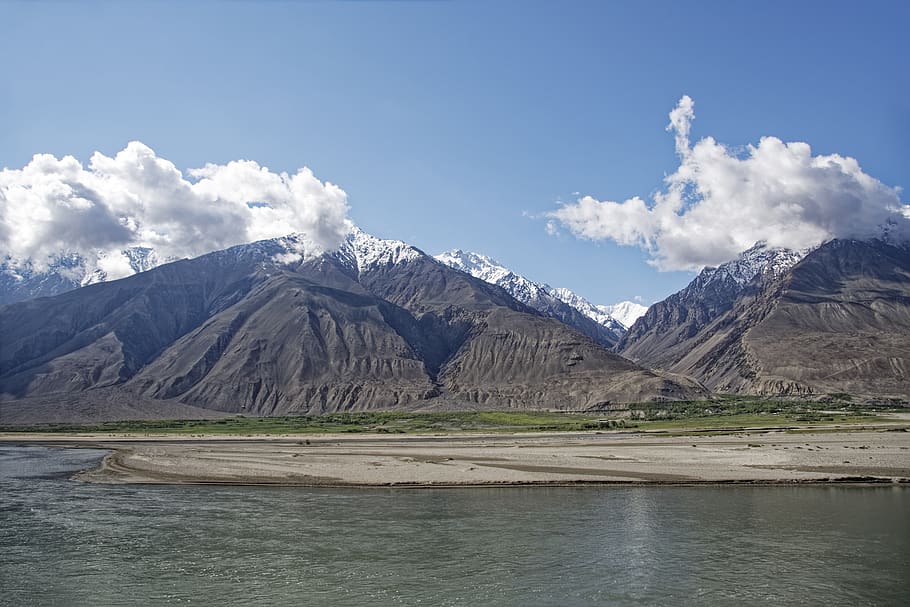 tajikistan, provinsi gunung-badakhshan, pamir, hindu kush, pegunungan tinggi, sungai pandsch, lembah pandsch, pemandangan, sungai, air