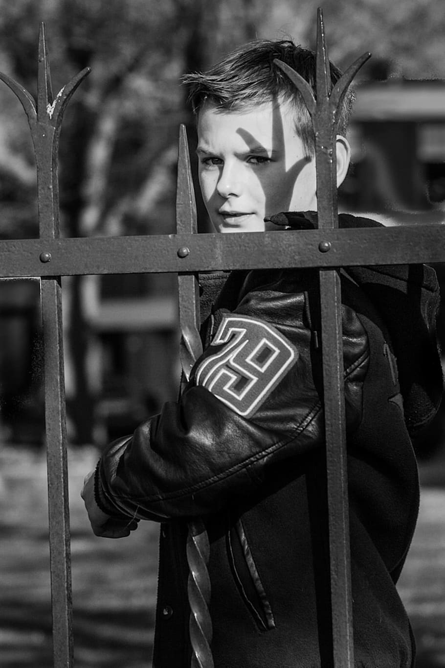 fence, boy, tough, wait, outdoor, child, watch, stand, winter, youth