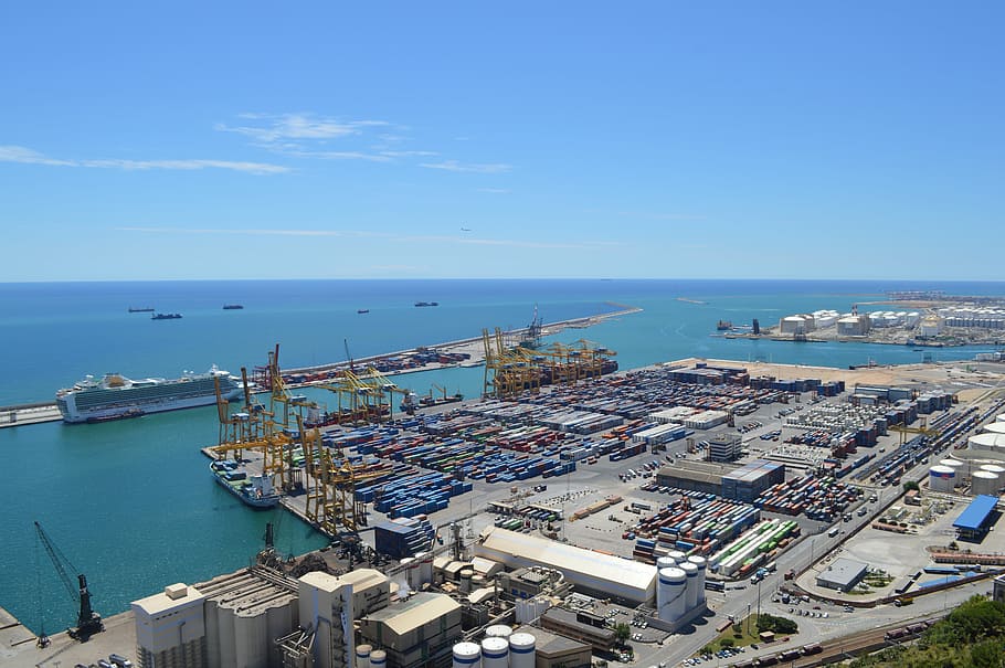 aerial, boat dock, daytime, barcelona, port, ships, cargo, spain, europe, sea