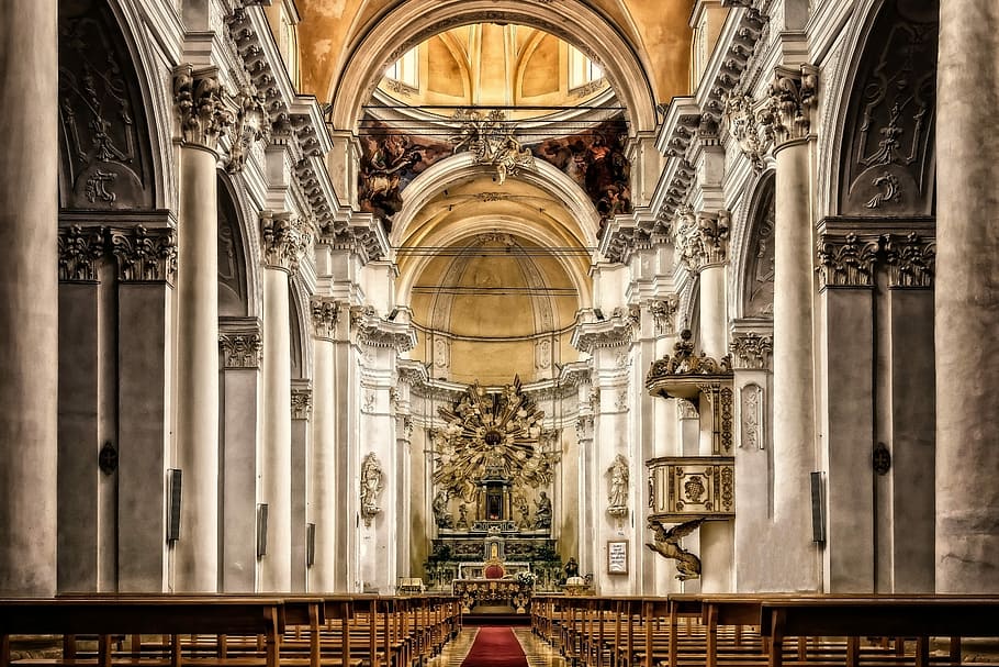 white, beige, cathedral, interior, sicily, church, italy, architecture, places of interest, building