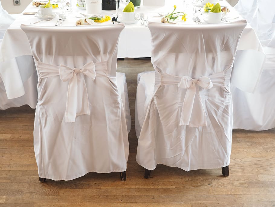 two, white, covered, chairs, wedding chairs, wedding, wedding table, wedding decoration, festivity, decoration