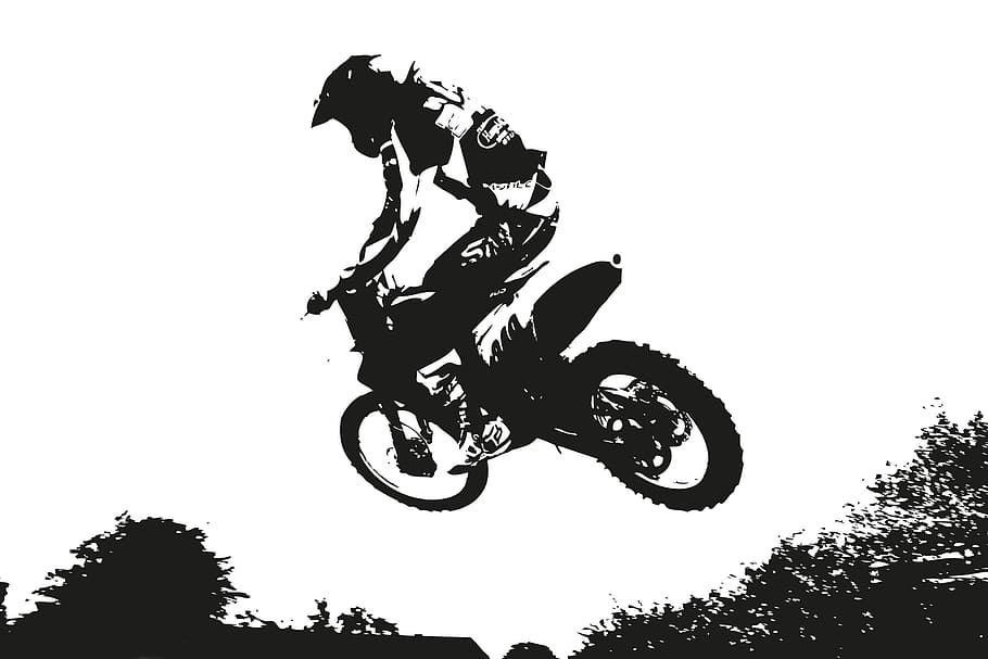 fotografia em escala de cinza, homem, montando, bicicleta de motocross, esporte, salto, cruz, motocross, mural, motocicleta