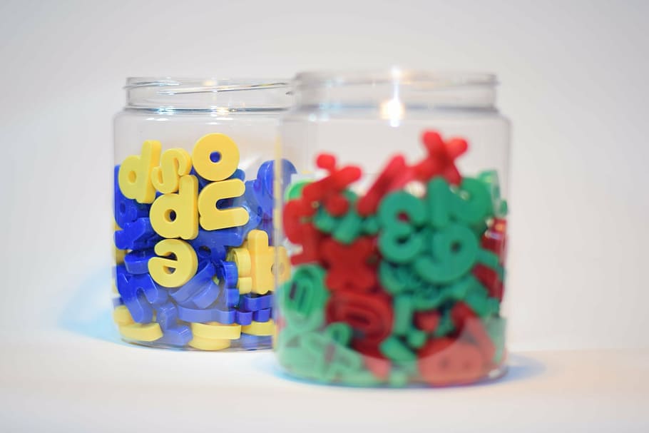 two, jars, numbers, letters, toys, magnetic, typography, alphabet, indoors, container